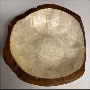 Live Edge Wood Bowl Natural Teak Lined Capiz Shell Inlay 8”D